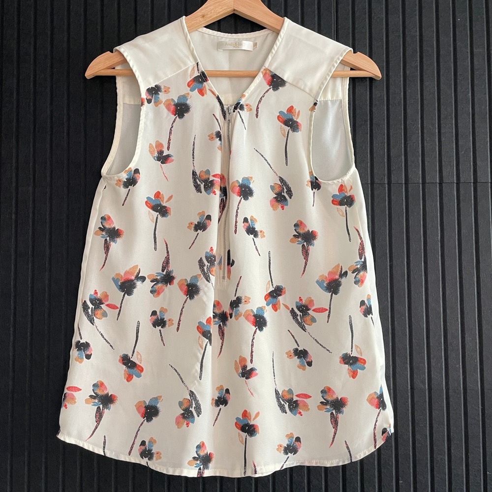 Andy & Lucy Paris Womens Floral Half Zip Sleeveless Blouse White Orange Blue M